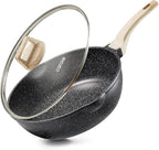 CAROTE 10/12/12.5 Inch Nonstick Deep Frying Pan with Lid, Jumbo Cooker Saute Pan with Pour Spout, Skillet Induction Cookware, Non Stick Cooking Pan PFOA Free, Classic Granite