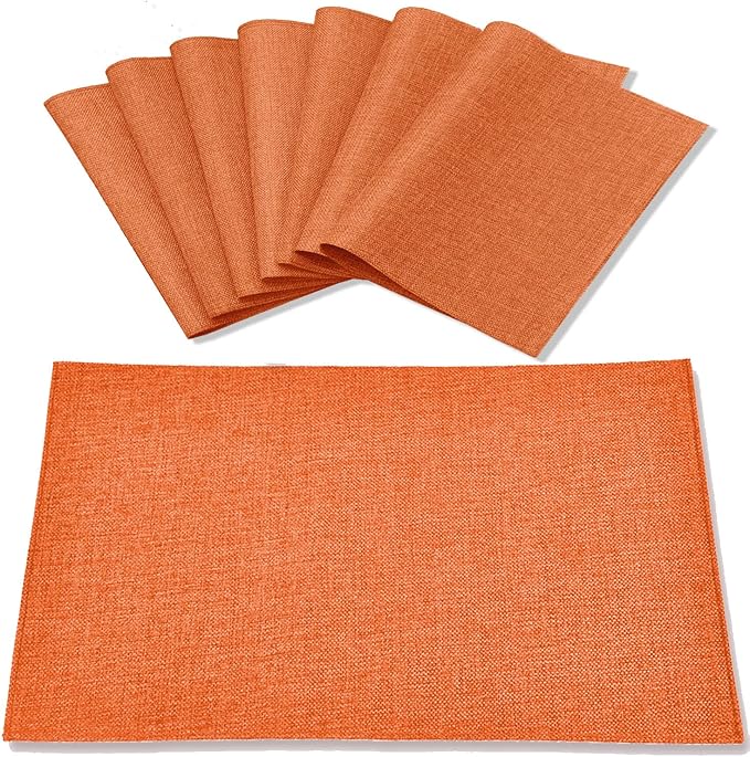 Linen Placemats Set of 8, Machine Washable, Heat Resistant, Wrinkle Free, Thick Polyester Kitchen Place Mats for Dining Table (Orange)