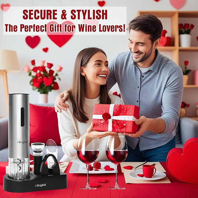 BRIGHTX Modern Rechargeable Electric Wine Bottle Opener Gift Set – Cordless Automatic Cork Remover with Foil Cutter & Charging Base – Wine Accessories Kit | Best Wine Gifts for Women & Wine Lovers