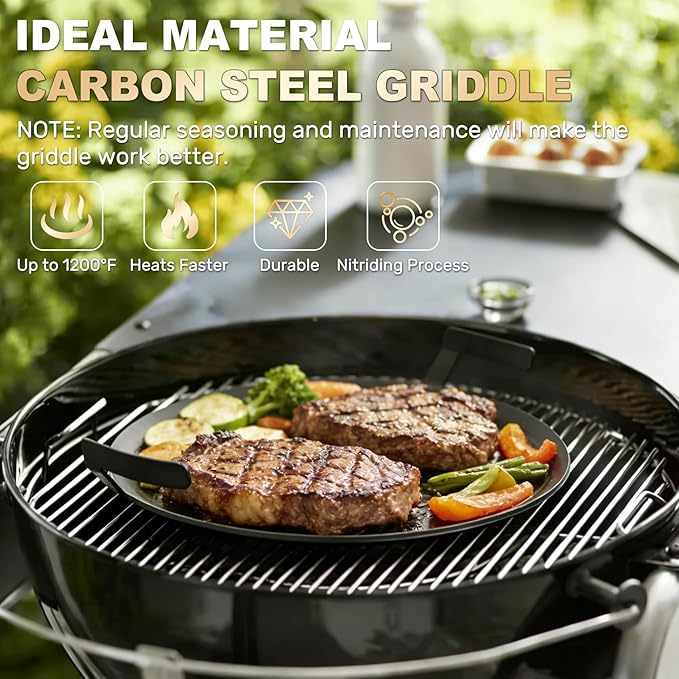 Universal 17" Round Carbon Steel Griddle for Grill Gas/Electric Stove Induction Cooktop and Oven, Thick Heavy-duty Carbon Steel, Vegetable Oil Pre-seasoned Nitrided Coating Process