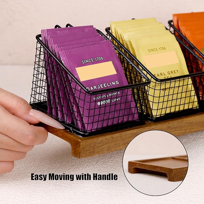 HTB Tea Organizer for Tea Bags, Tea Bag Holder with Acacia Wood Stand and 3 Removable Metal Basket for Sugar Packets, Sweeteners, Creamers for Cabinet, Countertop