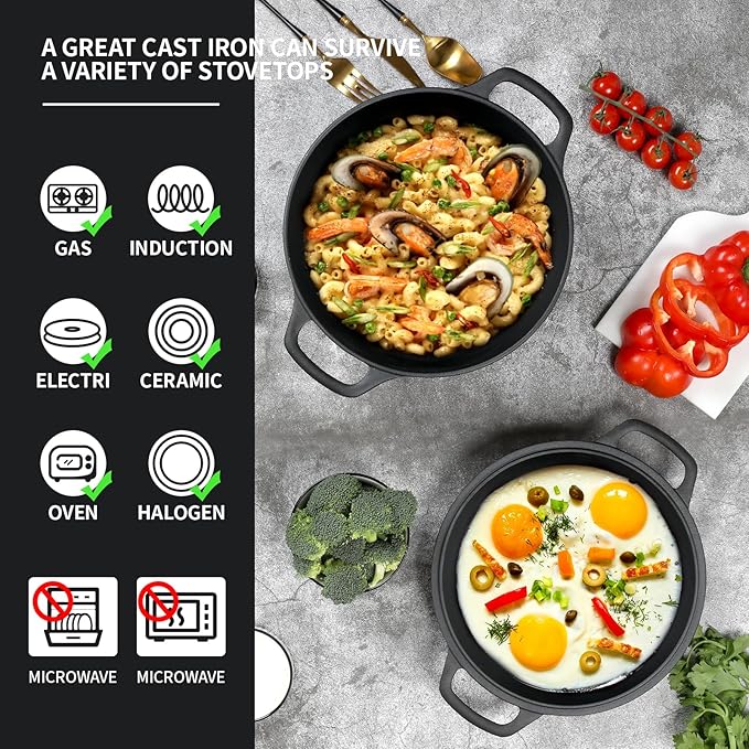 EDGING CASTING 2-in-1 Pre-Seasoned Cast Iron Dutch Oven Pot with Skillet Lid Cooking Pan, Cast Iron Skillet Cookware Pan Set with Dual Handles Indoor Outdoor for Bread, Frying, Baking, Camping, 7QT