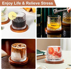 Rotatable Old Fashioned Glass Cup, 275ml/10oz Crystal Whiskey Glass Set of 2, Wood Coaster, Thickening, Used as Rum Glass Cup, Cocktail, Coffee, Milk to Relax and Reduce Stress, Christmas gifts