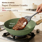 Kitchen Academy Non Toxic Pots and Pans Set Non Stick - 12 Piece Induction Cookware Sets, Green Granite Nonstick Cooking Pot and Pan, PFOA&PFOS Free