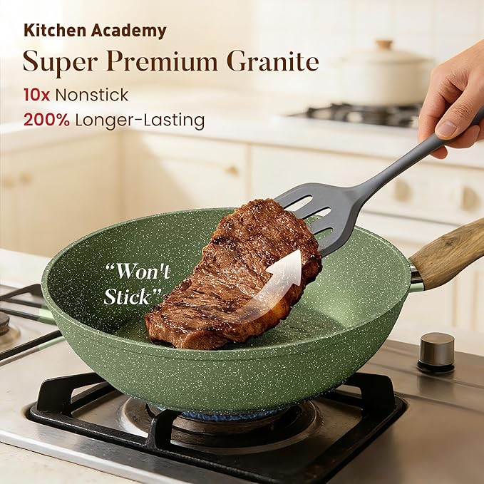 Kitchen Academy Non Toxic Pots and Pans Set Non Stick - 12 Piece Induction Cookware Sets, Green Granite Nonstick Cooking Pot and Pan, PFOA&PFOS Free