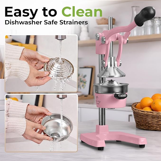 Zulay Kitchen Cast-Iron Orange Juice Squeezer - Heavy-Duty, Easy-to-Clean, Professional Citrus Juicer - Durable Stainless Steel Lemon Squeezer - Sturdy Manual Citrus Press & Orange Squeezer (Pink)