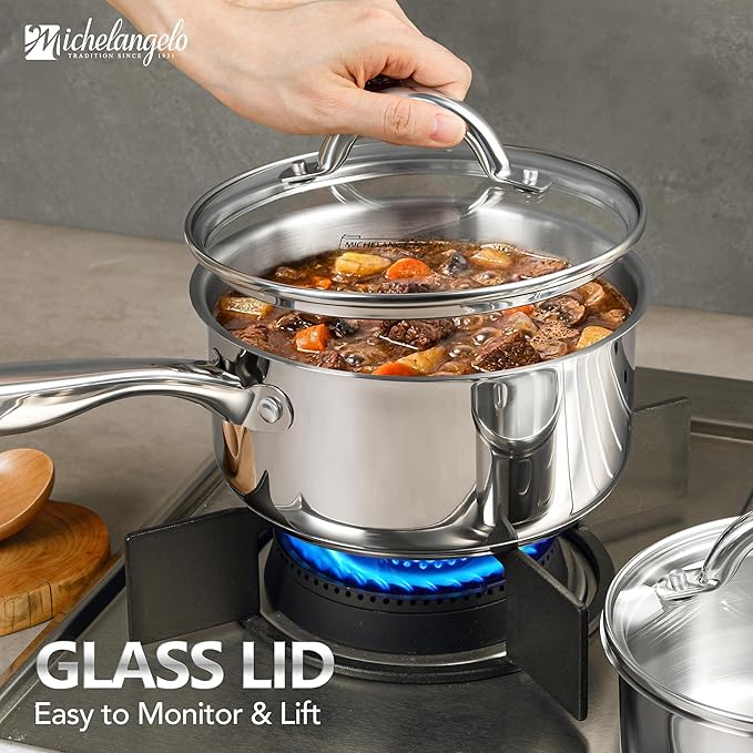 MICHELANGELO Saucepan Set 6pc, 18/10 Stainless Steel Saucepans with Lids, Tri-Ply Bottom, Dual Handle 3QT, Induction Compatible Sauce Pots, 1QT & 2QT & 3QT
