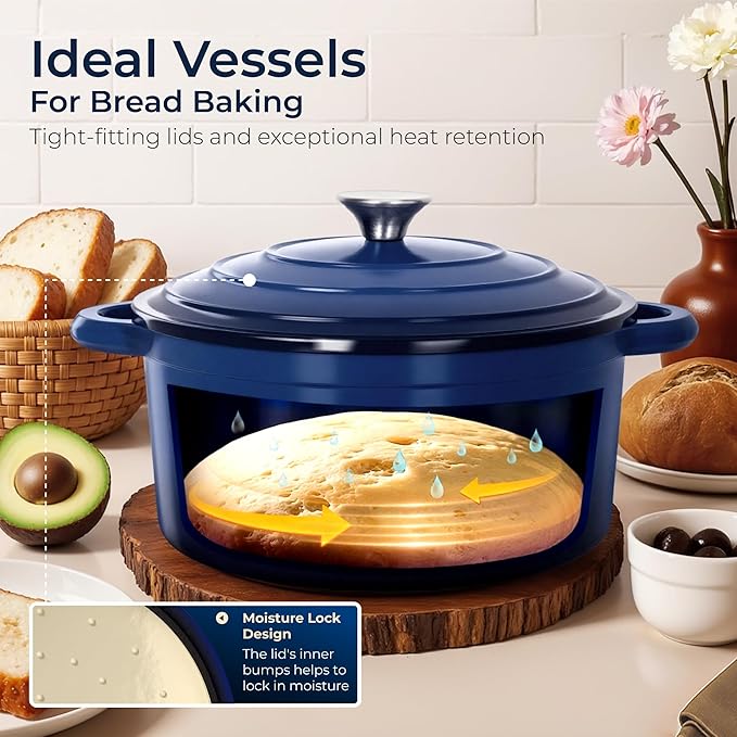 Kitchen Academy 7Pcs Enameled Cast Iron Cookware Sets - Non Toxic Pots and Pans Set, Blue Induction Dutch Oven Set, PFOA&PFAS Free