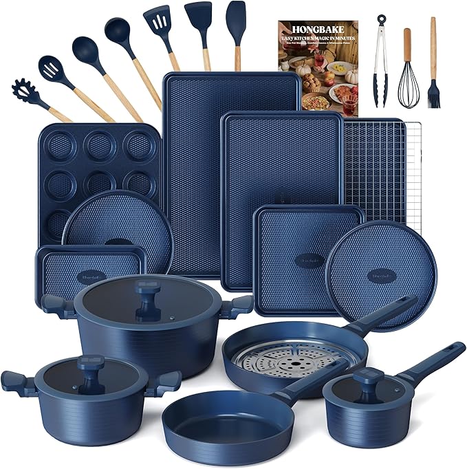 HONGBAKE Pots and Pans Set Nonstick, 26 Pcs All-in-One Kitchen Starter Set with Cookware, Bakeware & Silicone Utensils, Non Toxic Ceramic Coating, Induction & Oven Safe, PFOA PFOS Free, Blue
