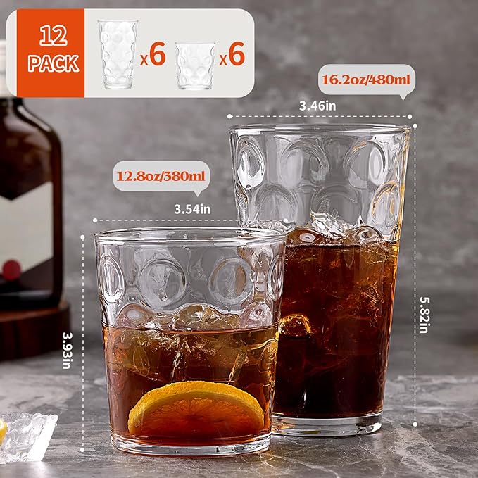 Moretoes Circle Drinking Glasses Set of 12, Mixed Glassware Set, Clear Water Glass Cups,16 Oz Highball Tumblers &12 Oz Rock Whiskey for Cocktail, Whisky and Other Beverages
