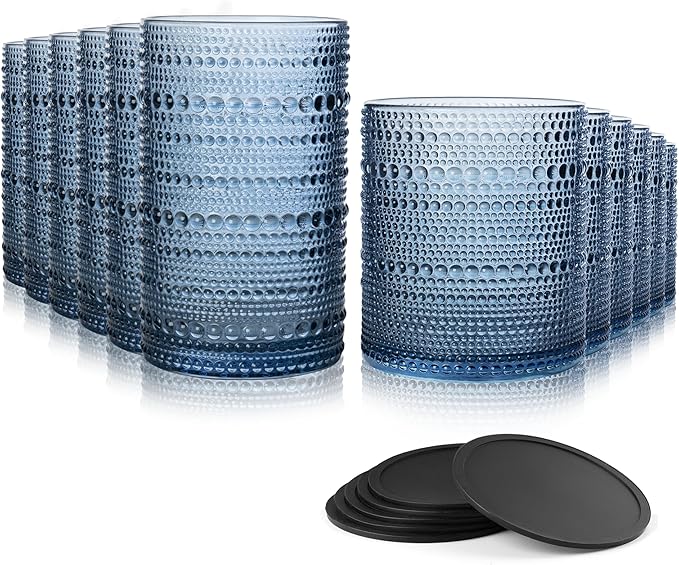 Hobnail Drinking Glasses Set of 12 Count, Vintage Glassware, Old Fashioned Glasses, 6 Highball Bubble Drinking Cups 14.5 oz, 6 Rocks Cups 10 oz with 6 Silicone Coasters, Blue