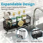 Extra Large Extendable Sponge Holder for Kitchen Sink, Rustproof Sink Caddy Organizer with High Brush Holder, Dish Soap Dispenser Organizers and Storage (Black)