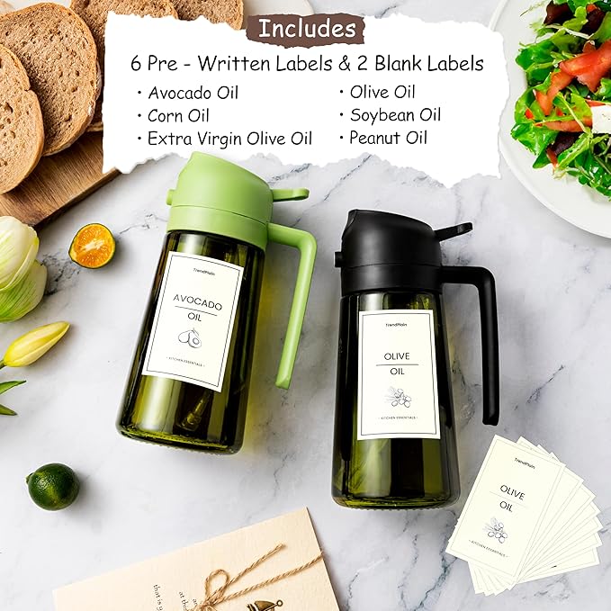 TrendPlain - Original 16oz/470ml Olive Oil Dispenser Bottle for Kitchen Gadgets and Air Fryer Accessories - Olive Oil Sprayer for Cooking w/Stickers - Black&Green