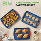 NutriChef Nonstick 3-Piece Baking Pans Set – Carbon Steel Bakeware with Blue Coating Inside & Outside and Red Silicone Handles, Durable and Reliable, Effortless Baking and Easy Cleanup (Blue)