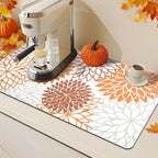 Findosom 2PCS 12" x 20" Fall Dish Drying Mat & 24" x 5.5" Sink Splash Guard, Super Absorbent & Cuttable Dish Mat Drying Kitchen Mat with Orange Floral, Hide Stain Drying Mat for Kitchen Counter