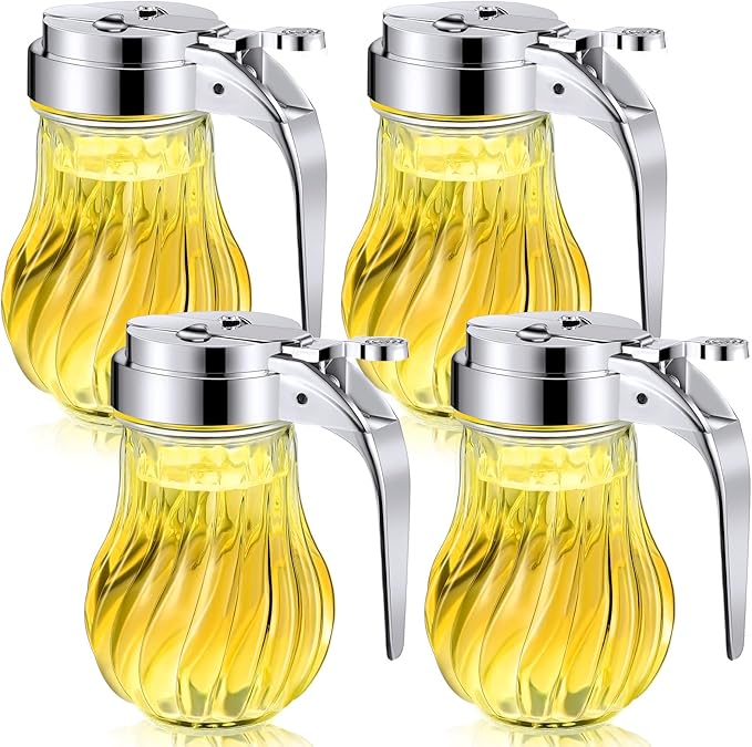 4 Pack Syrup Dispensers Glass Honey Jar Bottle Maple Sugar Dispenser 6 oz Retracting Spout Syrup Containers Pitcher For Milk Coffee Home Restaurant Kitchen Bar Oil Condiment (Delicate Style)