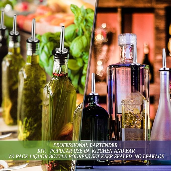 Chengu 72 Pcs Liquor Spout Stainless Steel Bottle Pourers Tapered Liquor Pourers with Rubber Dust Caps Tapered Spouts Set Bar Supplies Vinegar Bottle Dispenser Wine Spout for Alcohol Olive Oil
