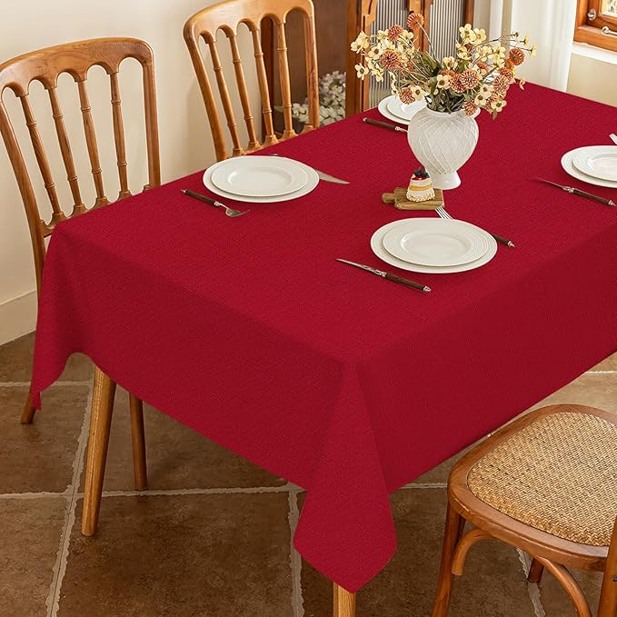 Winter Red Textured Fabric Tablecloth Rectangle, Faux Linen Stain Resistant Table Cloth for 6 Foot Rectangular Table, Reusable for Dinig Party Holiday Decoration, 60 x 84 Inch