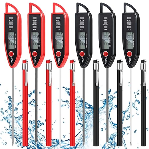 Copkim 6 Set Waterproof Food Thermometer for Water, Liquid, Candle and Cooking Digital Meat Thermometer with Long Probe Instant Read for Kitchen BBQ Grill Candy (Black,Red)
