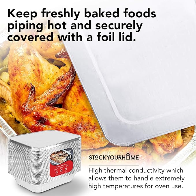 Stock Your Home Disposable Aluminum Pans with Lids 9x13 (25 Pans and 25 Lids), Food Containers for Baking, Cooking, Heating, Storing and Prepping