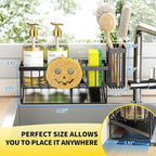 Cisily Kitchen Sink Caddy Organzier with High Brush Holder, Sponge Holder for Sink, 304 Rustproof Stainless, Kitchen Countertop Soap Dispenser Organizer (Black With Smiley Face Holder, 9.25″)
