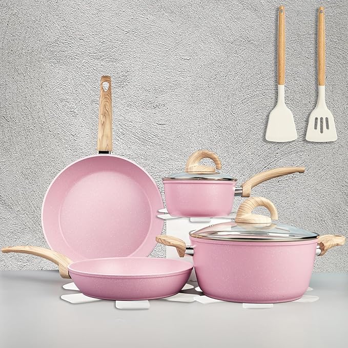 Vkoocy Non Stick Pots and Pans Set, Healthy Ceramic Cookware Set, 12pcs Kitchen Cooking Pots and Frying Sauce Saute Pans Set, PFAS-Free with Kitchen Utensils and Lid, Pink