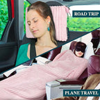 PAVILIA Travel Blanket Pillow in Soft Bag with Pockets, Airplane Blanket Set, Plane Blanket Compact Packable, Flight Essentials Car Pillow, Travelers Accessories Gifts, Luggage Strap, Light Pink