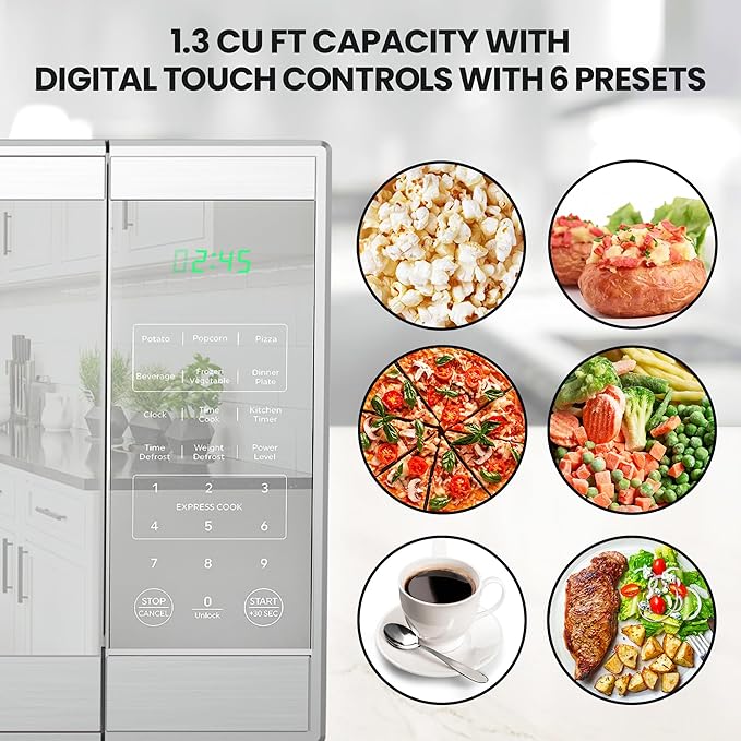 Total Chef 1.3 Cu Ft Microwave Oven – Compact Countertop Microwave, Small Stainless Steel Kitchen Appliance with Digital Touch, Pre-Set Functions, 12.8” Turntable, 1100 Watt, Microondas Pequeños