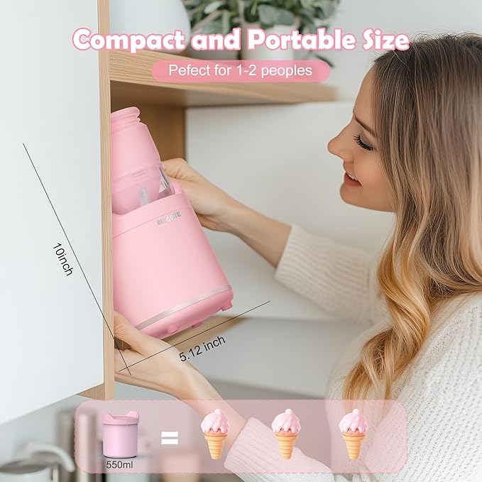 BRIOBITE Soft Serve Ice Cream Maker Machine – Rechargeable Compact for Homemade Gelato,Sorbet & Frozen Yogurt, Stylish Pink Design,Perfect for 1-2 Servings,Best Gift for Couples & Families