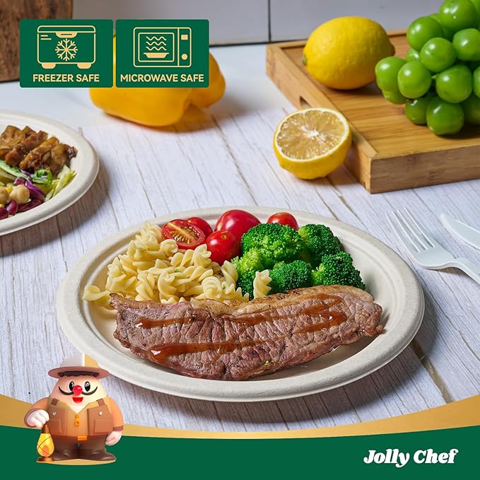 JOLLY CHEF 100% Compostable Paper Plates, 150 Pack 9 Inch Heavy Duty Plates, Disposable Biodegradable Eco-Friendly Sugarcane, Bulk Nature