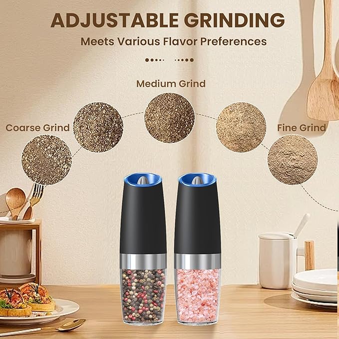 Gravity Electric Salt And Pepper Grinder Set, Automatic Salt And Pepper Grinder Set, Battery Powered (6 AAA Batteries Each), Adjustable Roughness, LED Light, 2 Pack, (Black)