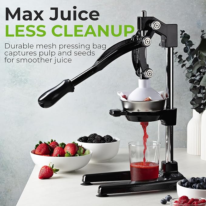 Zulay Kitchen Puplerizer 9 in 1 Cast Iron Juicer - Easy-to-Clean Heavy-Duty Manual Juicer with Presser Attachment to Juice All Types of Fruits! Extra Tall with Stainless Steel Bowl - Black
