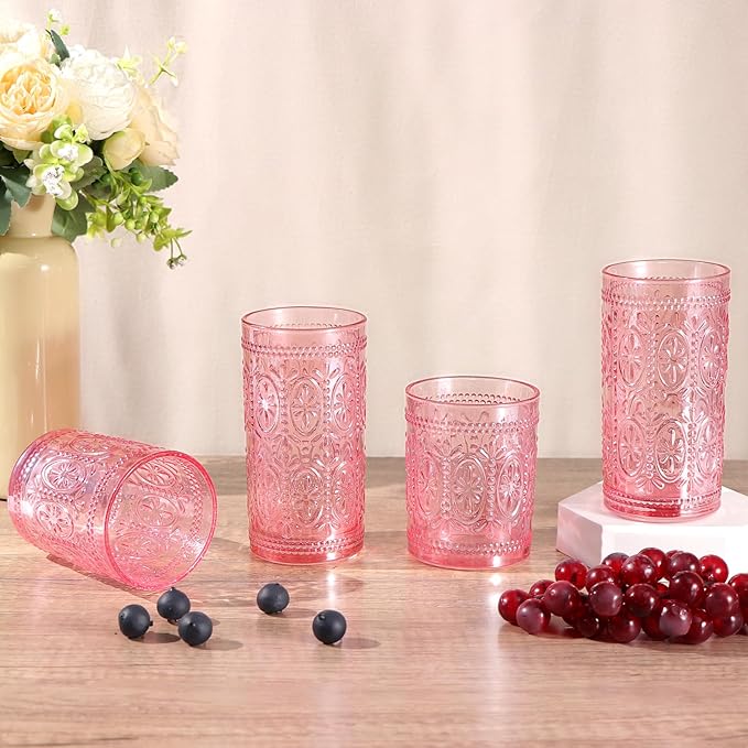 Darlion Pink Glassware Set of 4, Vintage Drinking Glasses, Colored Glassware Drinking, Highball Embossed Beverage Glasses Cup for Party Wedding Home Office and Gift (2pcs12oz+2pcs10oz