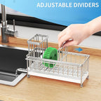 Cisily Sponge Holder for Kitchen Sink, Sink Caddy Organizer with High Brush Holder, Kitchen Countertop Organizers and Storage Essentials, Rustproof 304 Stainless Steel (Silver with Towel Rack, 9.25″)