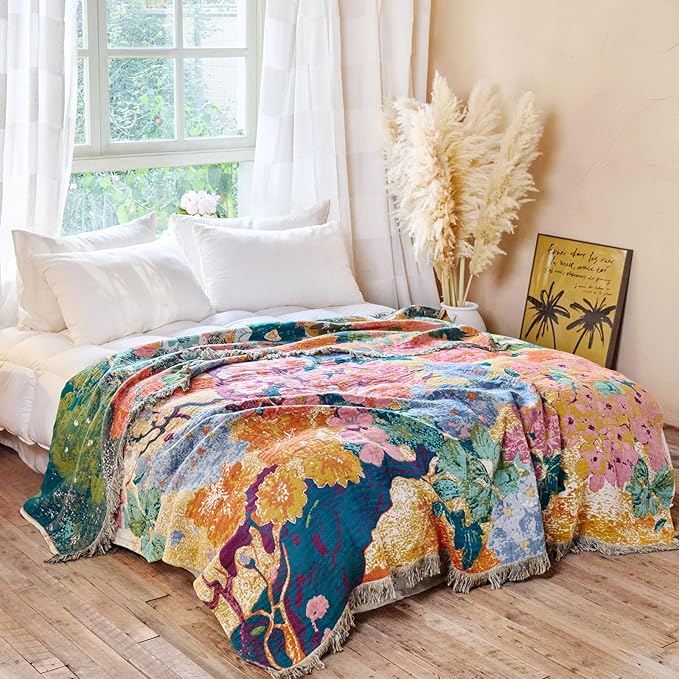 MSGKV Boho Throw Blanket for Bed 60"x80" Cotton Floral Twin Size Couch Blankets All Seasons Lightweight Muslin Breathable Farmhouse Blankets