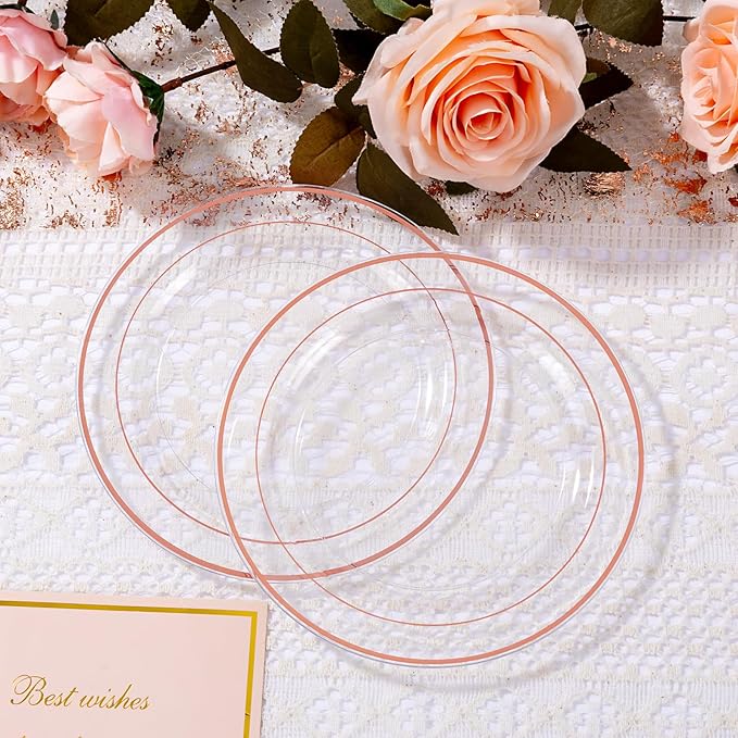 bUCLA 100PCS Clear Rose Gold Plastic Plates Disposable - Heavy Duty 6.25 Inch Clear Plastic Dessert Plates with Rose Gold Trim - Ideal for Party, Wedding & Mother’s Day
