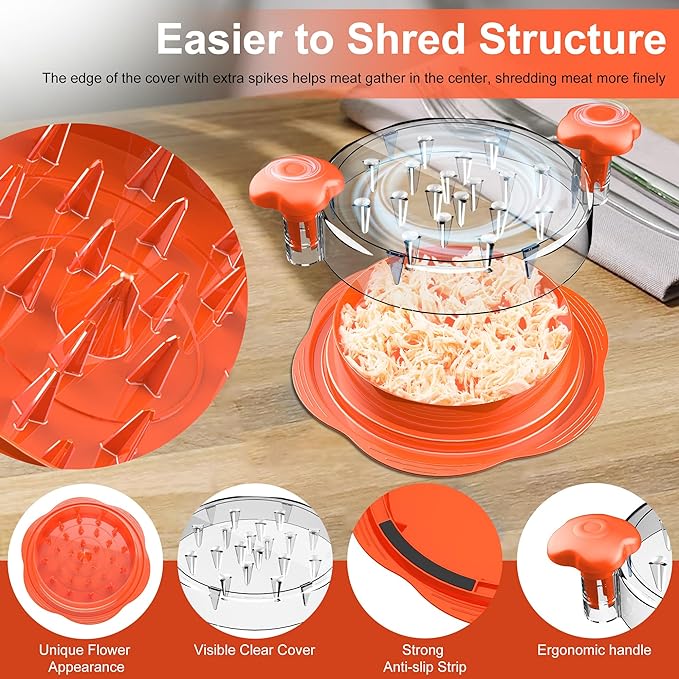SURETIVIAN Chicken Shredder Large Chicken Breast Shredder Tool Twist with Brush&Fork, Visible Meat Shredder Machine, Anti-Slip Strip, Ergonomic Handle, BPA Free, Suitable for Pork Beef Chicken(Orange)