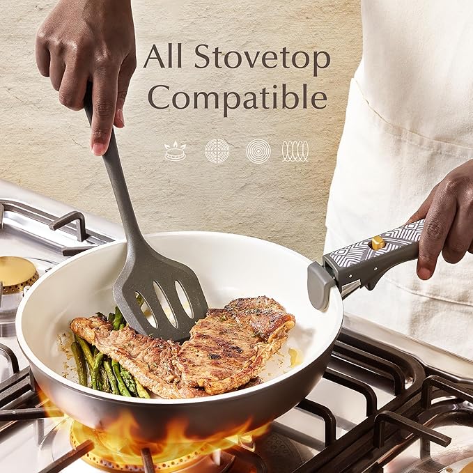 CAROTE 21-Piece Ceramic Cookware Set, Nonstick Pots and Pans Set with Detachable Handle, Non-Toxic Kitchen Cooking Set, Induction Compatible, Dishwasher & Oven Safe, Charcoal