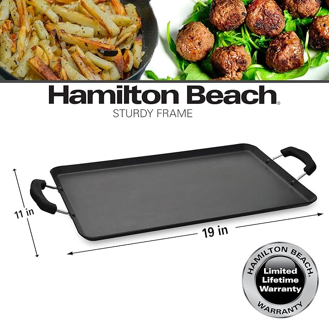 Hamilton Beach Nonstick Double Griddle 19x11-Inch - Black Aluminum Griddle with Soft Touch Bakelite Handle - Flared Edge - Spiral Bottom, Easy to Clean, Multipurpose Use - Durable & Dishwasher Safe
