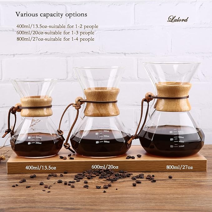 Lalord Pour Over Coffee Maker with Stainless Steel Filter, 20 oz Borosilicate Glass Coffee Carafe, Wooden Collar, Coffee Maker Carafe, Hold 3-4 Cups, 600 ml, Clear