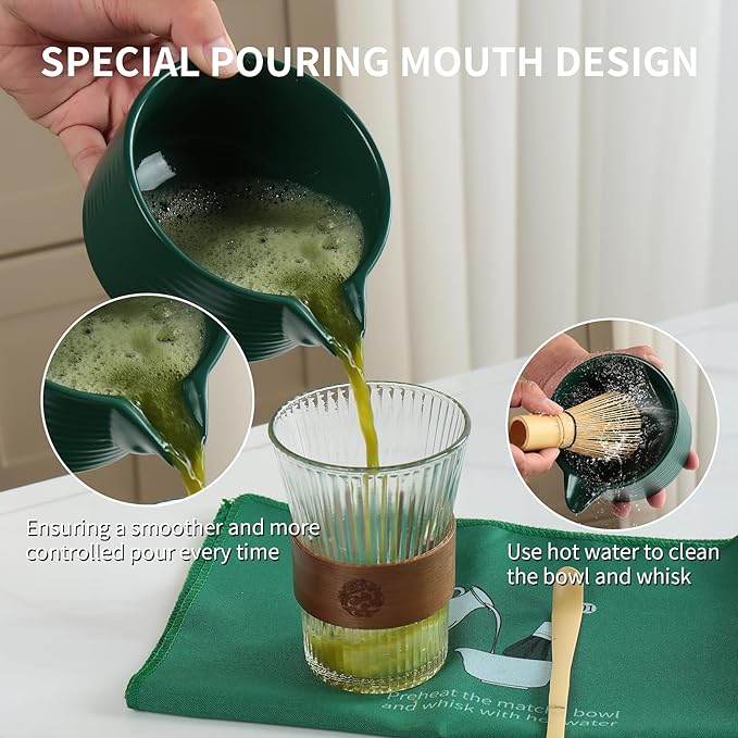 Dark Green Matcha Set,Matcha Whisk Set with Holder, Stainless Sifter & Scoop, Tea Towel,Traditional matcha making set,green tea ceremony,7Pcs