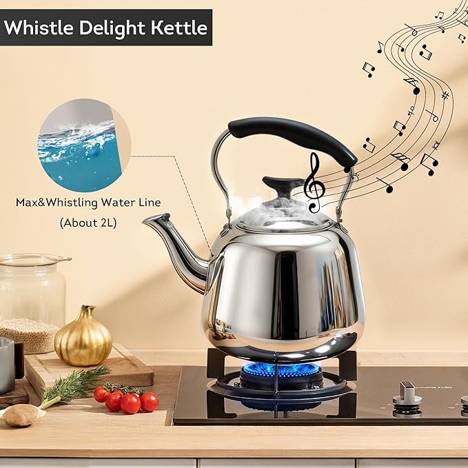 Lily's Home Whistling Tea Kettle for Stovetop, 2 Quart Stainless Steel Water Kettle with Loud Whistle, Cool-Touch Handle & Induction Compatible Base - For Gas, Electric, & Induction Cooktops