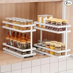 Mustorn 2 Pack Pull Out Spice Rack Organizer for Cabinet, 2 Tier Metal Slide Out Seasoning Organizer and Storage Heavy Duty Vertical Spice Rack Shelf Pullout for Kitchen Cabinets No Drilling (White)
