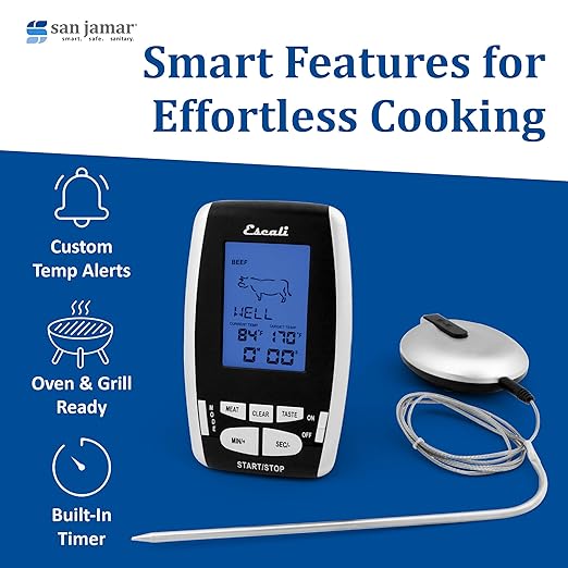 San Jamar Escali Plastic Wireless Thermometer & Timer, Custom Alerts, Stainless Steel Probe with 200ft Range for Commerical Kitchen, Black