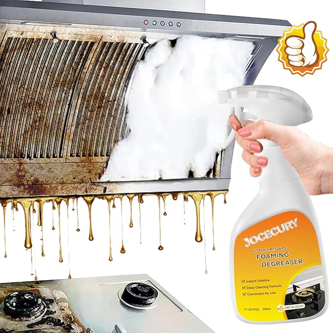 Jocecury 500ML Kitchen Foam Cleaner, Multipurpose Grease Cleaner Spray for Pots, Pans, Surfaces & Appliances with Dual-Spray nozzle,No-rinse Formula