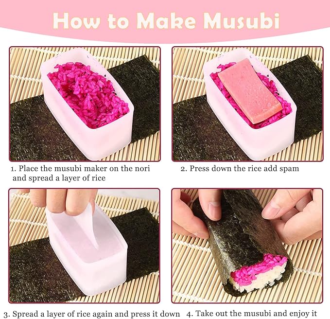 7 Pcs Onigiri Rice Ball Mold Maker Kit, Musubi Press, Classic Triangle Shake Sushi Roller Mat Tool for Kids Bento Lunch and Home DIY, Non-stick, BPA-Free