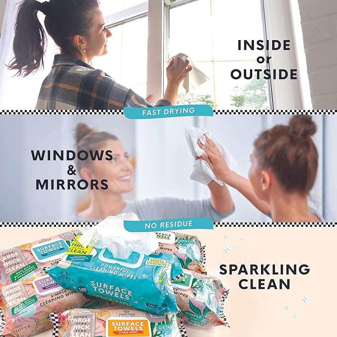 3 Packs Surface Cleaning Wipes Bleach Free, Thick & Large Dispose, All-Purpose Cleaner for Bathroom, Kitchen, Office, 300 Count Soft Flow, Biodegradable, Juniper Scent