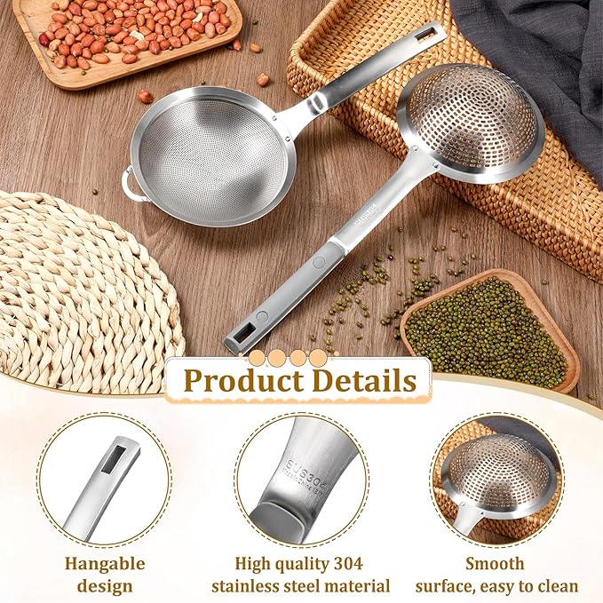 2 Pcs Large Holes Slotted Colander Frying Spoon Set With Handle, Fine Mesh Stainless Steel Sieve Food Strainer, Spider Strainer Skimmer, Handheld For Kitchen Cooking Tool