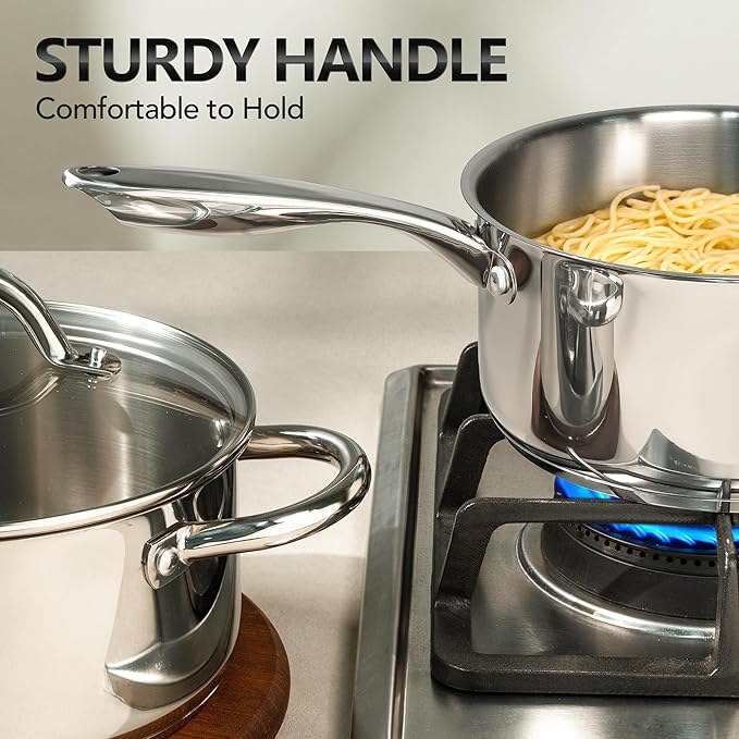 MICHELANGELO Saucepan Set 6pc, 18/10 Stainless Steel Saucepans with Lids, Tri-Ply Bottom, Dual Handle 3QT, Induction Compatible Sauce Pots, 1QT & 2QT & 3QT