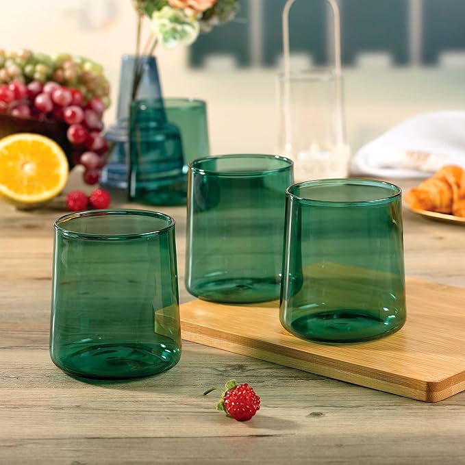 Emerald Green Glass Tumbler Set of 4 – 16.5 oz Borosilicate Drinkware – Durable, Lead-Free, Dishwasher Safe – Unique Colored Glasses for Any Drink